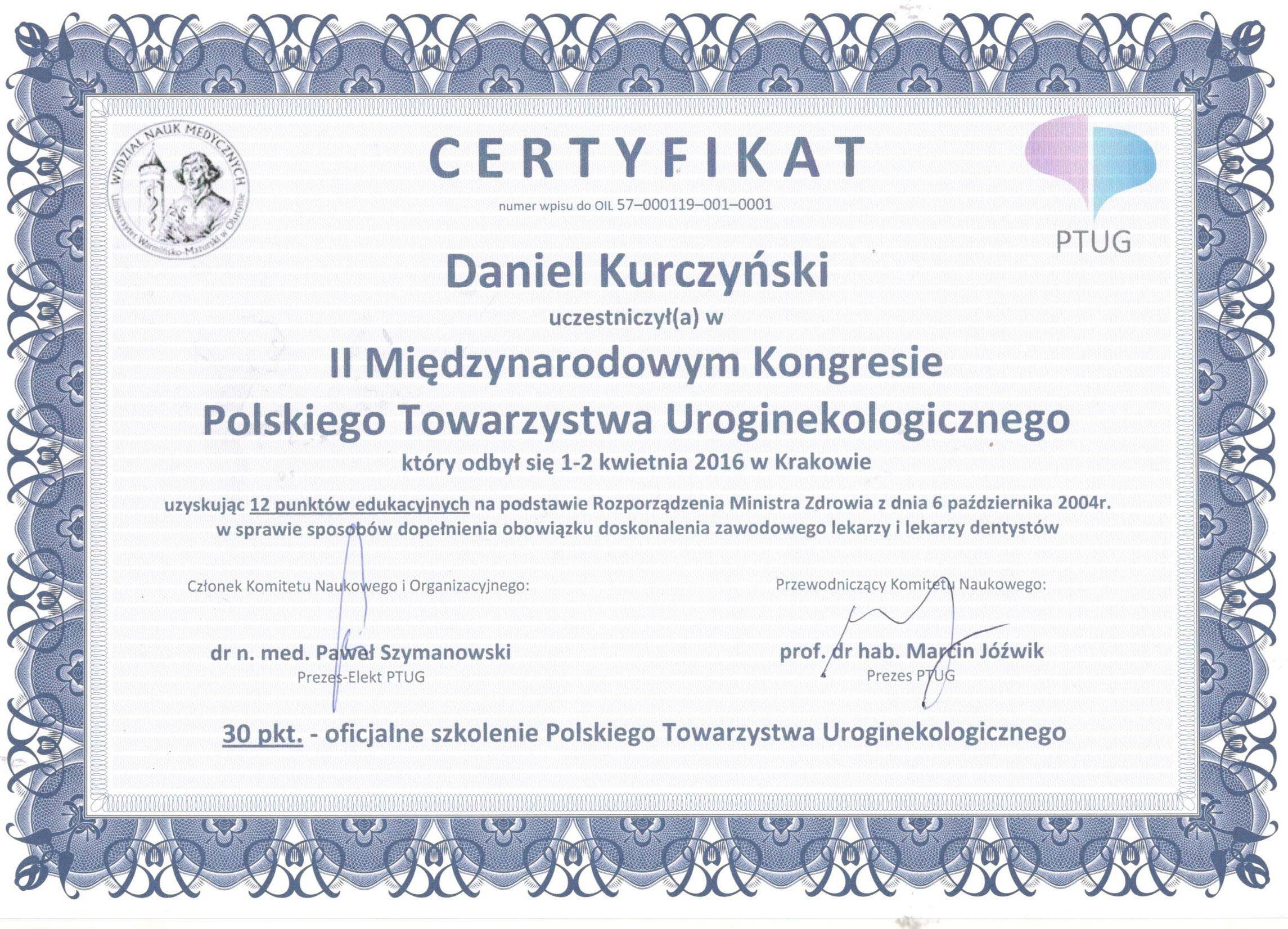 Certyfikat nr 23 Daniel KurczyÅ„ski