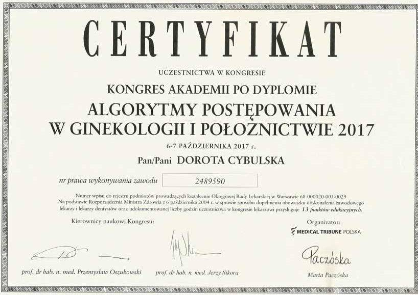 Certyfikat nr 1 Dorota Cybulska