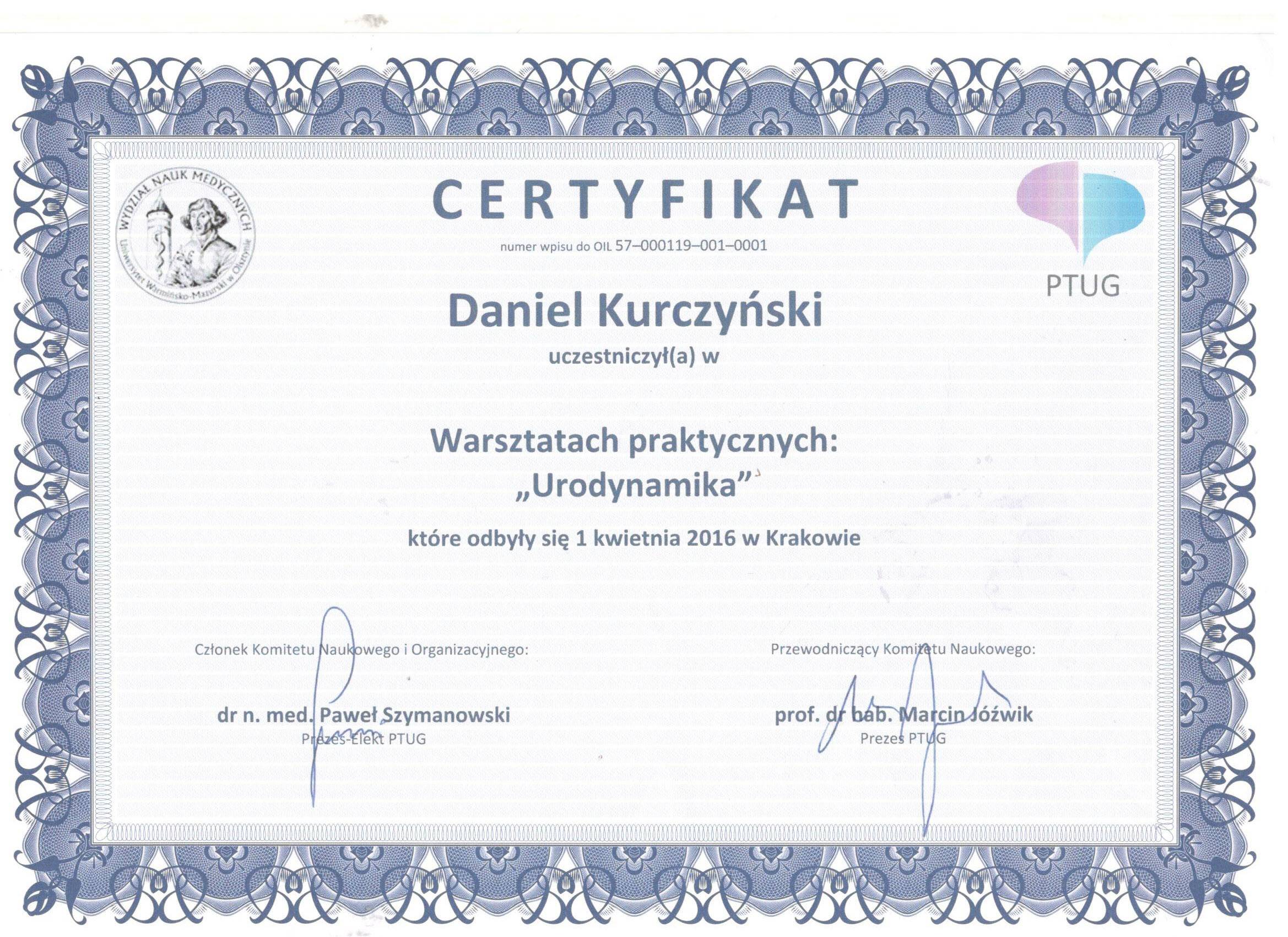 Certyfikat nr 22 Daniel KurczyÅ„ski