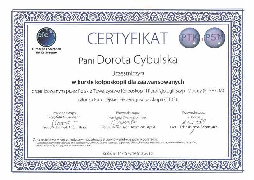 Certyfikat nr 17 Dorota Cybulska