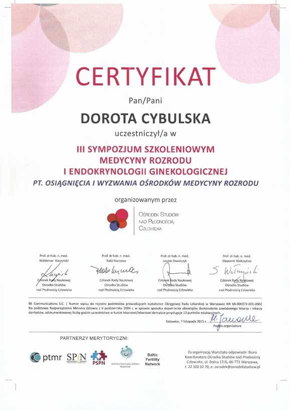 Certyfikat nr 22 Dorota Cybulska